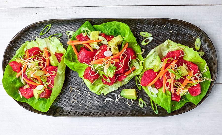 Lettuce wraps using Finless Foods’ plant-based tuna. (Photo: Business Wire)