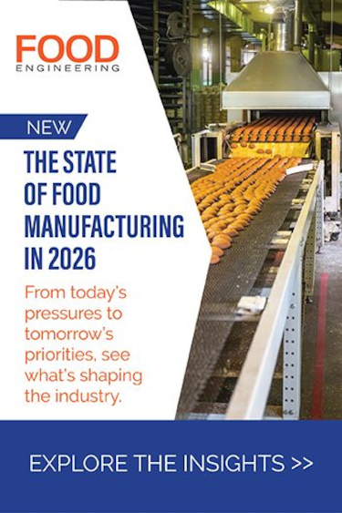 An image of baked bread on a conveyor belt with text promoting the 2026 State of Food Manufacturing report.