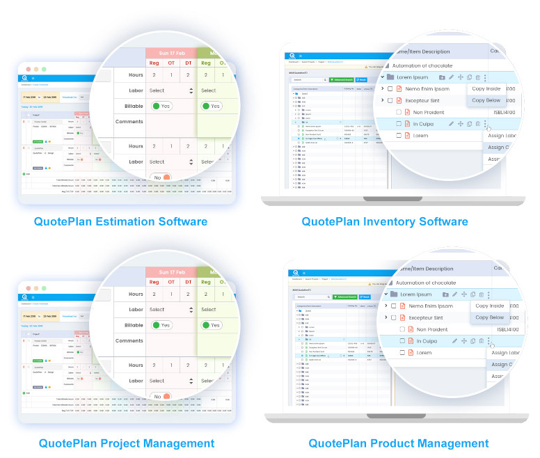 Graphic showing the four main modules: QuotePlan Estimation, Inventory, Project Management and Product Management software.