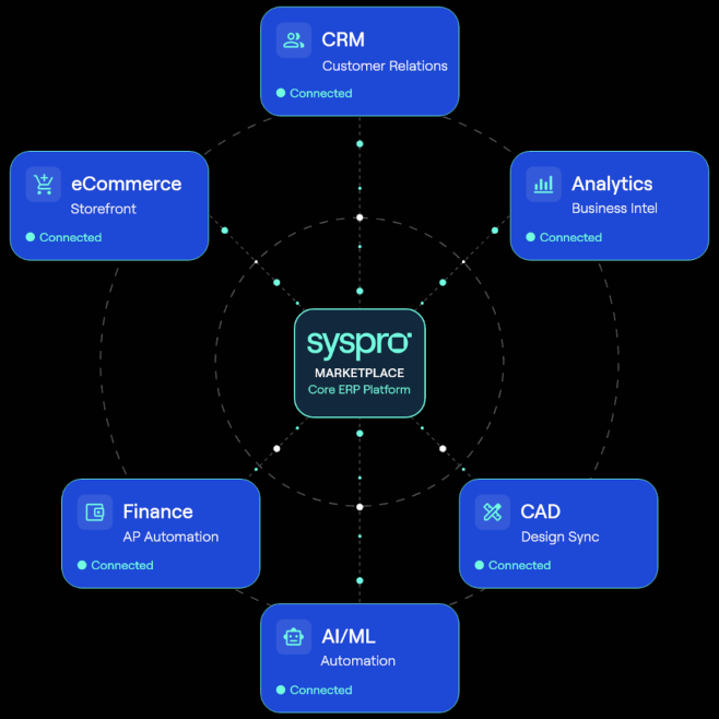 Hub-and-spoke integration diagram or ERP ecosystem diagram.